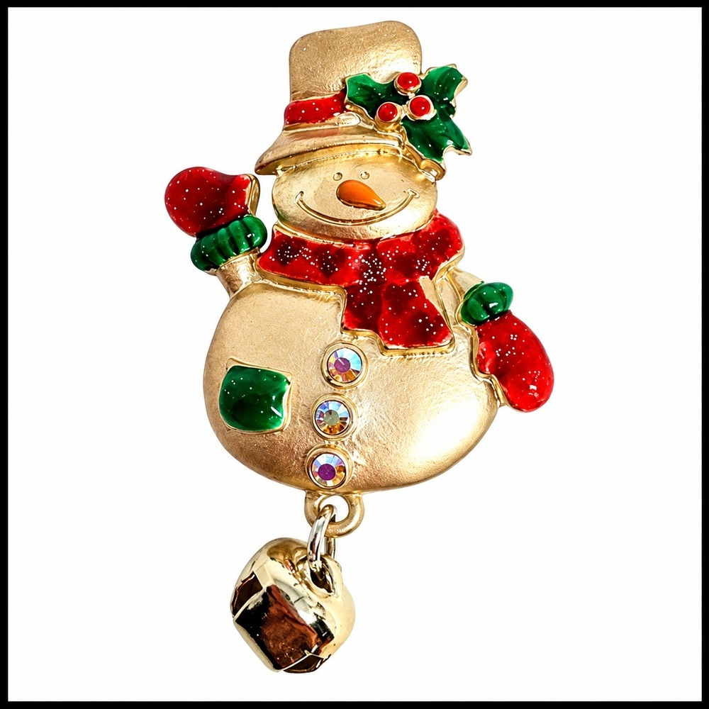 Vintage Christmas Snowman Rhinestone Enamel Silver Tone Green Red Brooch Pin